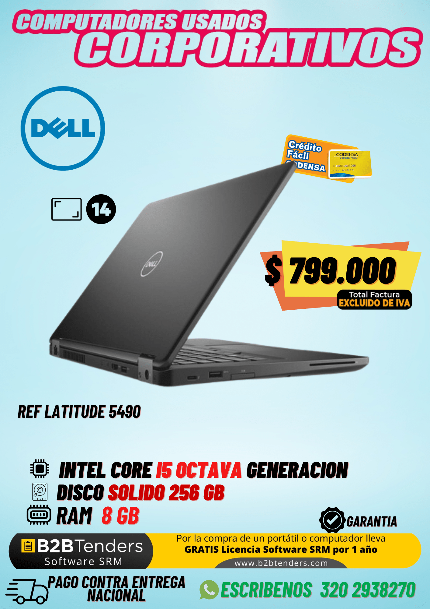 Dell Latitude 5490 | Core i5 8ª Gen, 8GB RAM, 256GB SSD | Pago Contra Entrega